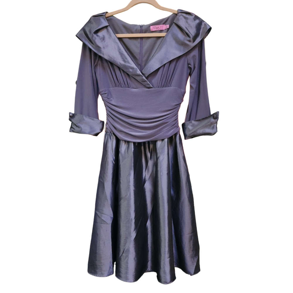 Eliza J Satin Battleship Gray Metallic Midi Dress Size 6 NWOT